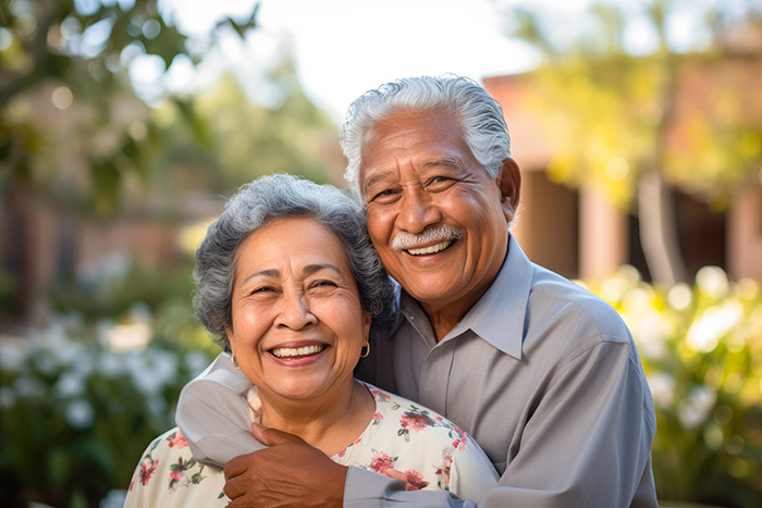 An elderly couple smiling at the camera on a sunny day.